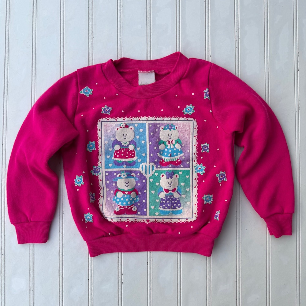 Vintage Andover Togs 4T Pink Teddy Bear Puff Print Sweatshirt Pullover 90s